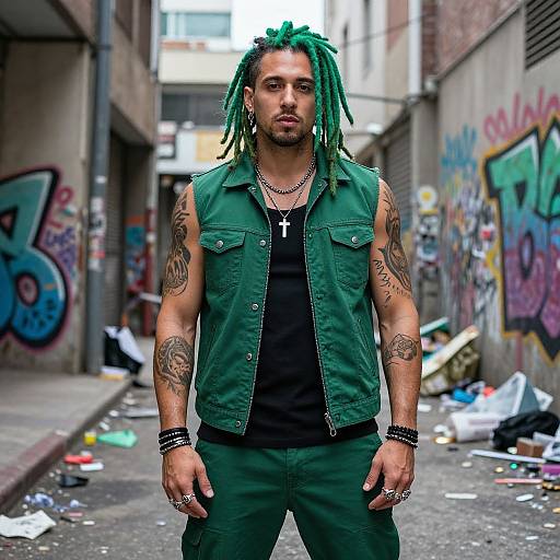 Photograph of a muscular man with green dreadlocks, tattoos, green vest, black shirt, and green pants, standing in a graffiti-covered, trash