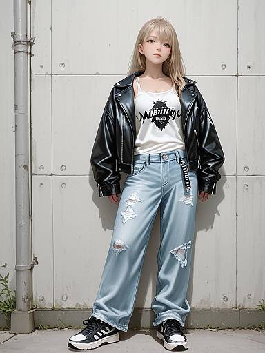 Photograph of a blonde young woman with straight hair, wearing a black leather jacket, white tank top, and distressed light blue jeans, standing against a