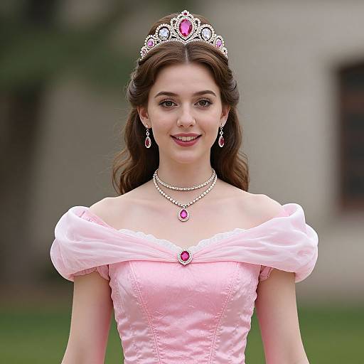 Photograph of a young woman with fair skin, brown hair, wearing a pink off-shoulder dress, tiara, matching earrings, necklace,