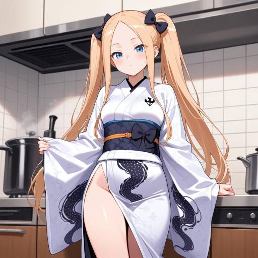 Anime Girl in Modern Kitchen Kimono