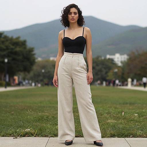 Photograph of a curly-haired woman in a black strapless top and high-waisted white pinstripe pants, standing outdoors on a concrete path
