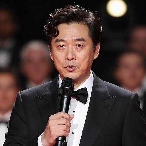 Elegant Man Speaking into Microphone