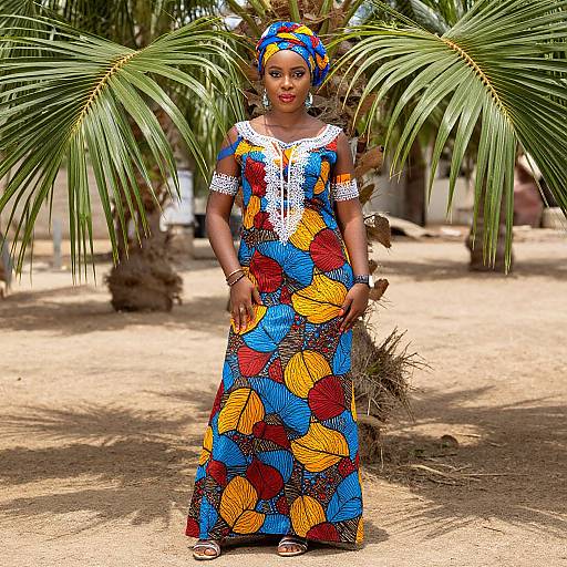 Photograph of an African woman in a colorful, patterned dress with white lace, standing under palm trees in a sunny, sandy area. Vibrant