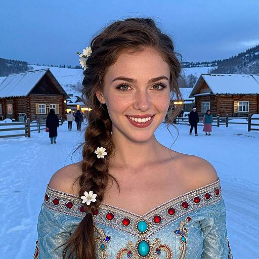 Photograph of a smiling, fair-skinned woman with brown braided hair, wearing an ornate, off-shoulder blue winter dress, in