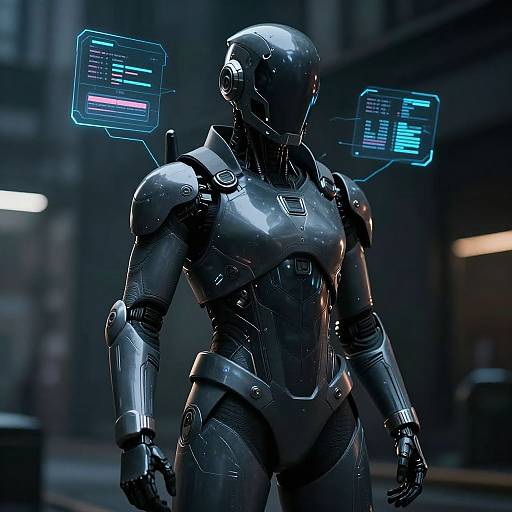 Photorealistic CGI of a sleek, black, humanoid robot with glowing blue holographic screens floating above its shoulders, standing in a dimly lit,