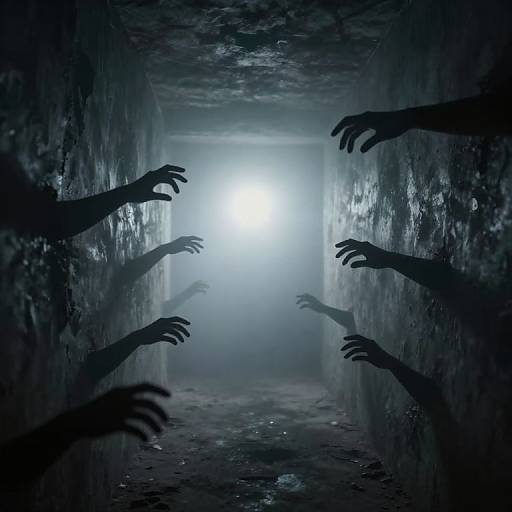 Digital artwork of silhouetted, outstretched hands emerging from dark, textured walls, converging towards a bright, blinding light at the