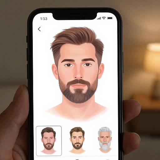 Photograph of a smartphone displaying a digital, realistic male face with brown hair and beard, with three smaller face options below.