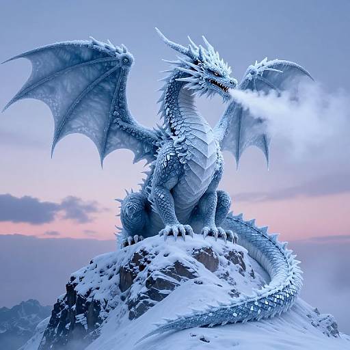 Photorealistic digital art of a snow-covered, blue-scaled dragon with icy wings and breath, sitting on a snowy mountain peak at sunset.
