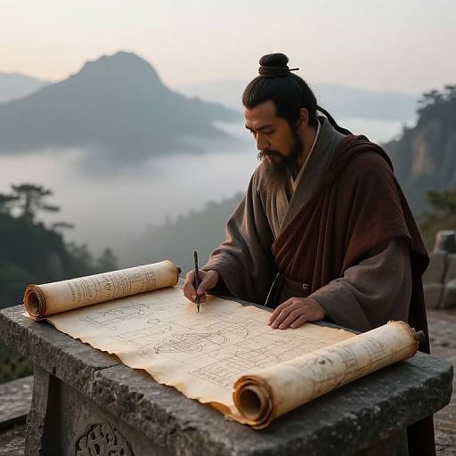 Ancient Scholar Studying Mystical Scrolls