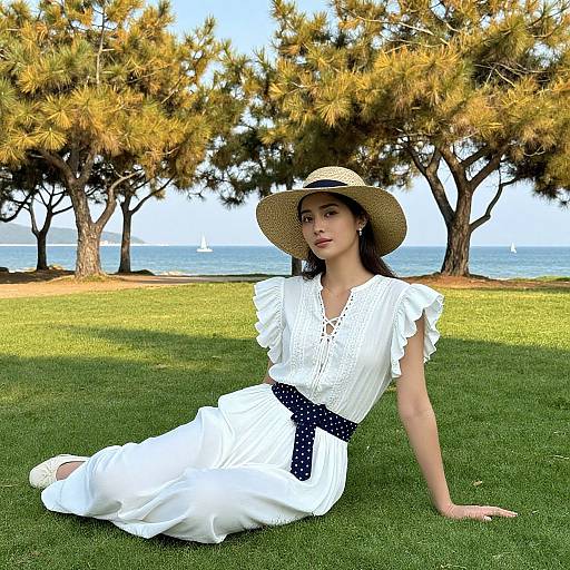 Photograph of an Asian woman with fair skin, dark hair, wearing a white dress with ruffles, polka dot belt, and straw hat,