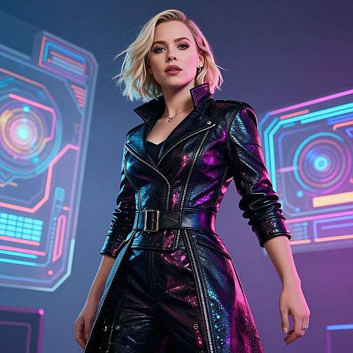 Photograph of a blonde woman in a shiny black leather trench coat with a belt, standing in a neon-lit futuristic room.