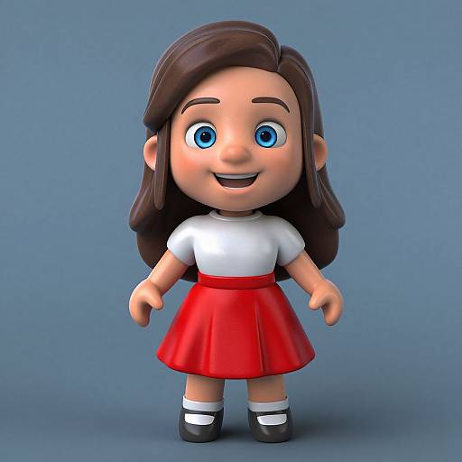 CGI cartoon girl with large blue eyes, brown hair, white shirt, red skirt, black shoes, standing against blue background.