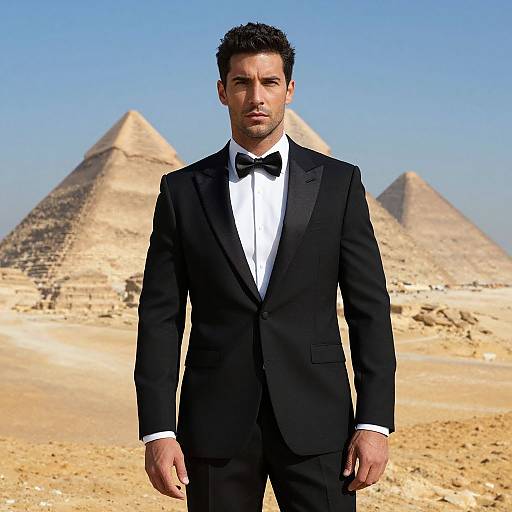 Photograph of a handsome man with short black hair in a black tuxedo and bow tie, standing in front of three pyramids under a clear