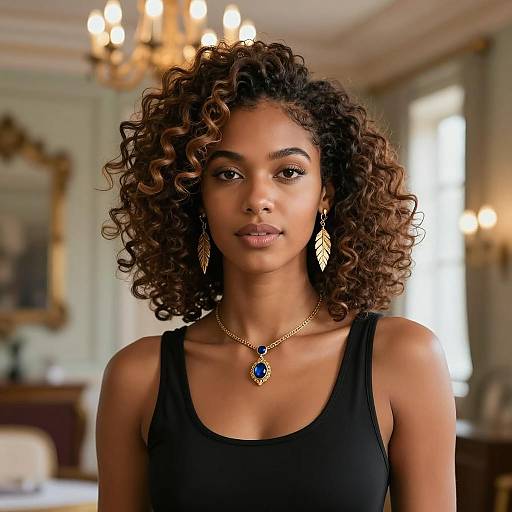 Portrait of young woman with curly hair and gold jewelry