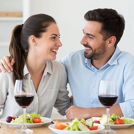 Photograph of smiling, light-skinned couple with dark hair, wearing light blue and white shirts, dining together at a table with wine and salad.