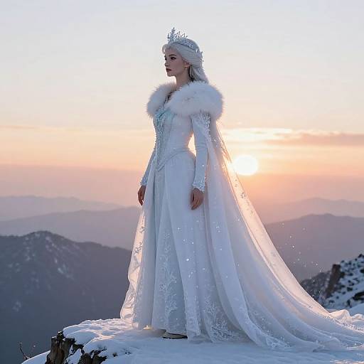 Photograph: Elegant woman in white, snowflake-embroidered gown with fur-trimmed cape, tiara, standing on snowy mountain peak