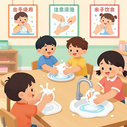 Digital illustration of four children washing hands at a wooden table, with colorful posters in the background. Bright, cheerful, and educational style.