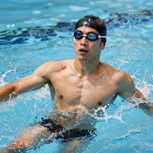Photograph of an Asian male swimmer with a lean build, wearing black swim trunks and dark sunglasses, swimming in a bright blue pool, with