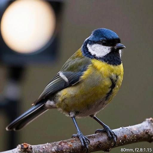 Photograph of a vibrant blue, yellow, and black Great Tit bird perched on a branch, with a blurred circular light in the background. Water
