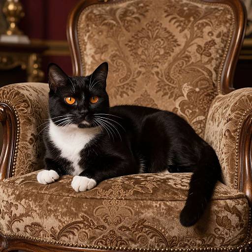 Photograph of a black and white tuxedo cat with orange eyes lounging on a luxurious, ornate, brown patterned armchair.