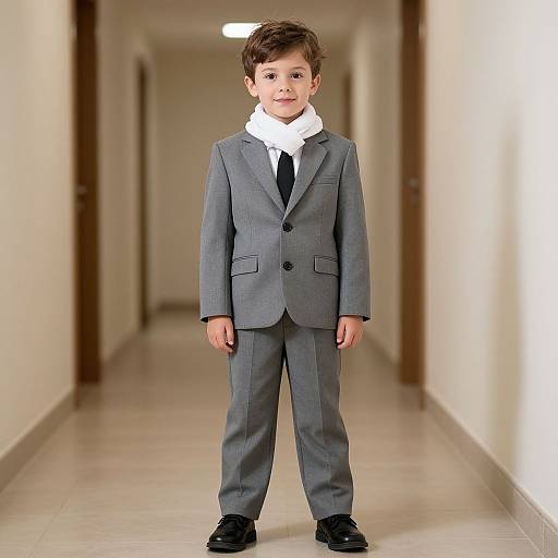 Photograph of a young boy with short brown hair, wearing a gray suit, white shirt, black tie, and black shoes, standing in a brightly