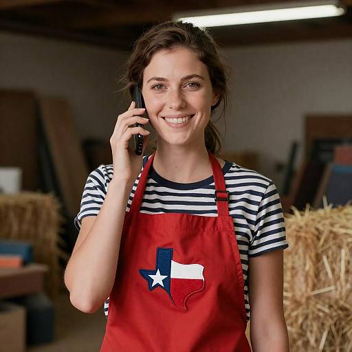 Smiling Woman in Red Texas Apron on Phone