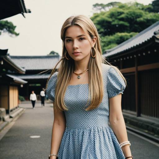 Young woman in blue dress on traditional street