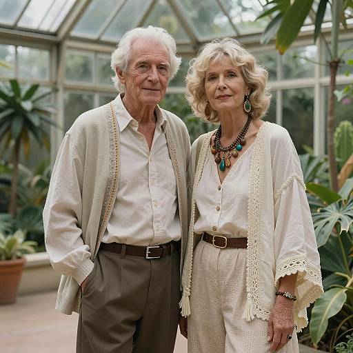 Photograph of an elderly white couple in a greenhouse, wearing white shirts and beige cardigans, with the woman adorned with turquoise jewelry.