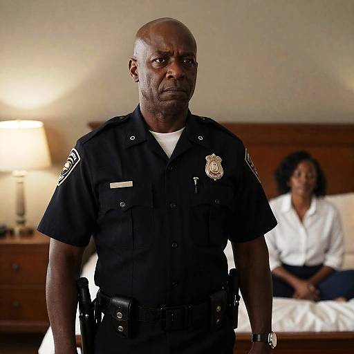 Serious Policeman in Dim Bedroom Scene