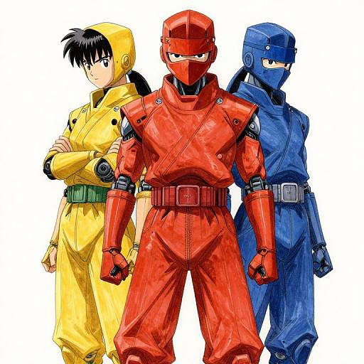 Digital anime-style drawing of three masked ninjas: red, yellow, blue. Red in front, yellow with crossed arms, blue to the right.