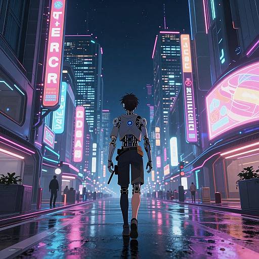 Cyberpunk night scene: futuristic city street with neon signs, wet pavement, and a lone, cybernetically enhanced figure with spiky hair walking