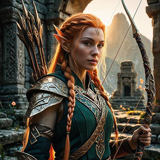 Stoic Elven Ranger in Ancient Ruins