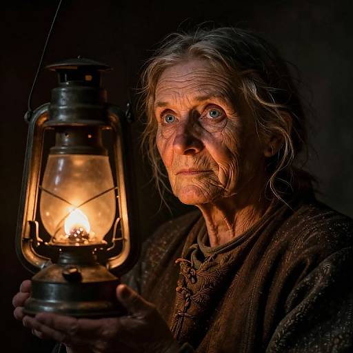 Photograph of an elderly woman with wrinkled skin, blue eyes, and grey hair, holding a glowing lantern, illuminated by its light in a dark