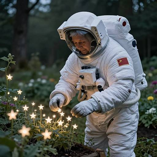 Elderly Astronaut Tending to Glowing Star Garden