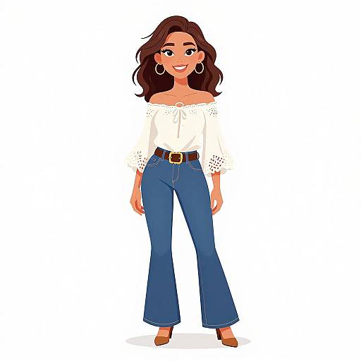 Digital illustration of a smiling woman with wavy brown hair, wearing a white off-shoulder top, blue high-waisted jeans, and brown