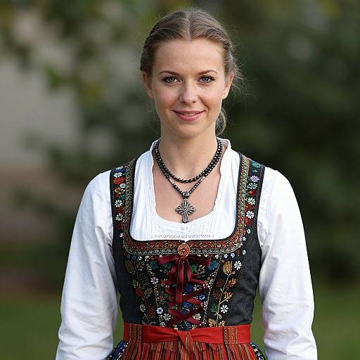 Photograph of a young Caucasian woman with fair skin, brown hair in a bun, wearing a traditional German dirndl with black, embroidered dress, white