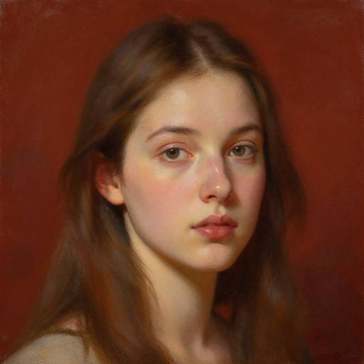 Digital painting of a young Caucasian woman with fair skin, brown eyes, and long brown hair against a red background, featuring realistic, detailed facial features.