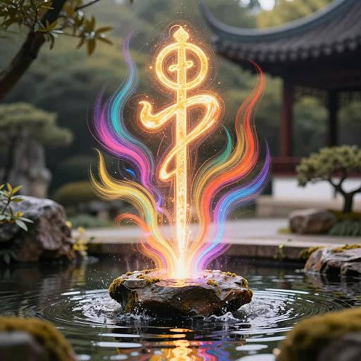 Photograph of a glowing, neon-like symbol with colorful, swirling flames atop a stone in a tranquil Japanese garden pond.