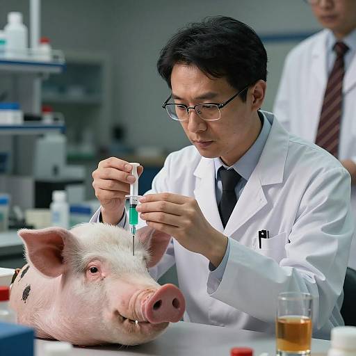 Male Scientist Conducting Experiment with Pig