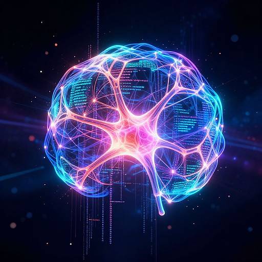 Digital artwork of a glowing, neon-blue and pink neural network sphere against a dark, starry background, with intricate, luminous lines and codes.