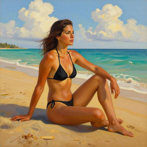 Photograph of a fit woman with tan skin, dark brown hair, wearing a black string bikini, sitting on a sunny beach with turquoise water and fluffy