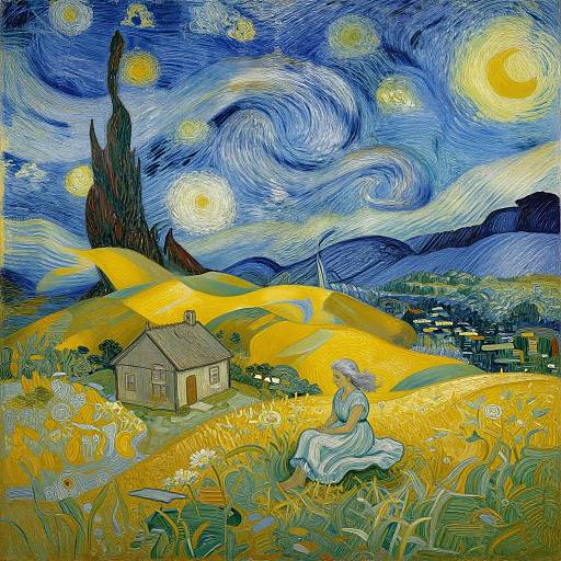 Digital painting in Van Gogh's style: A blue night sky with swirling stars, yellow flowers, a cottage, and a seated woman in white.