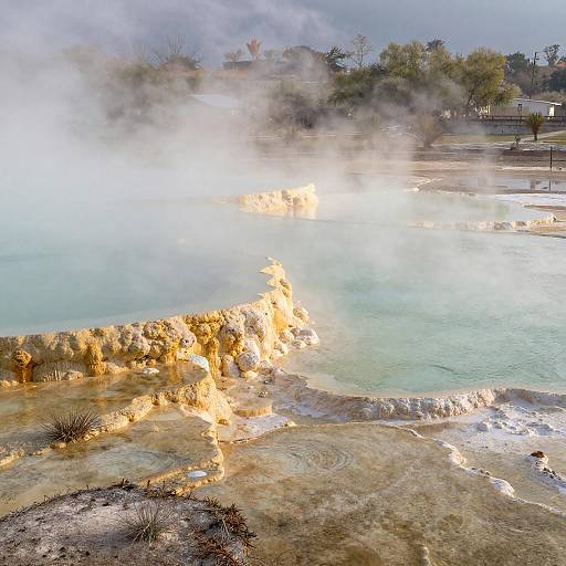 Photograph of a geothermal hot spring with bright yellow steam rising from rocky edges, surrounded by misty turquoise water and dry, grassy terrain,