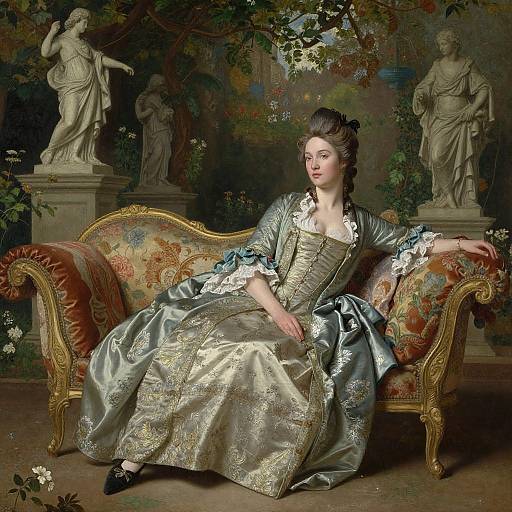 Baroque-style photograph of an elegant woman in a shimmering silver gown, seated on an ornate floral-patterned sofa, flanked by classical statues