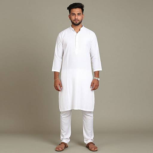 Photograph of a South Asian man with short black hair and beard, wearing a white traditional kurta and pants, brown sandals, and a white bracelet
