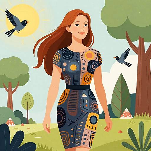 Digital illustration of a smiling red-haired woman in a colorful, patterned dress, standing in a sunny, vibrant forest with birds flying.
