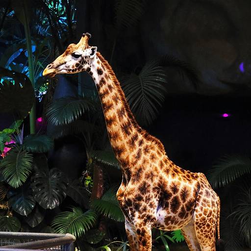 Photograph of a brightly lit giraffe with distinct orange and brown spots, standing amidst dark, lush jungle foliage with green leaves and subtle pink and blue