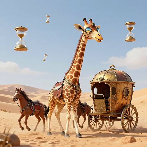 CGI image of a giraffe with blue eyes, wearing a harness, pulling a vintage, brass carriage with two brown horses in a sunny desert,