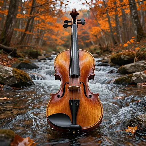 Photograph of a wooden violin standing upright in a flowing forest stream, with vibrant autumn leaves and tall trees in the background.