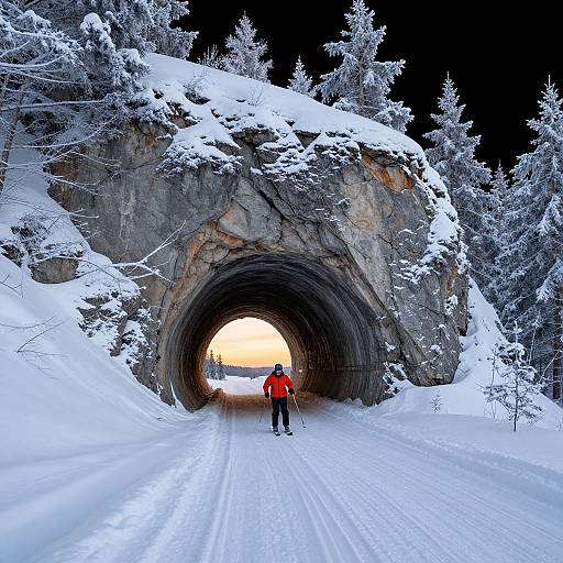 Photograph of a person in a red jacket skiing through a snow-covered, stone tunnel, with a bright sunset illuminating the exit. Snow-covered trees
